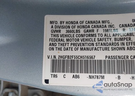 2012 Honda Civic Lx из США, поврежденный, VIN 2HGFB2F55CH516567